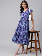 Janasya Women's Blue Georgette Printed Flared Western Dress | Grocsy