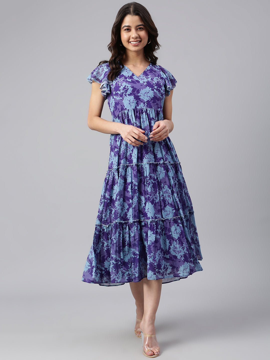 Janasya Women's Blue Georgette Printed Flared Western Dress | Grocsy