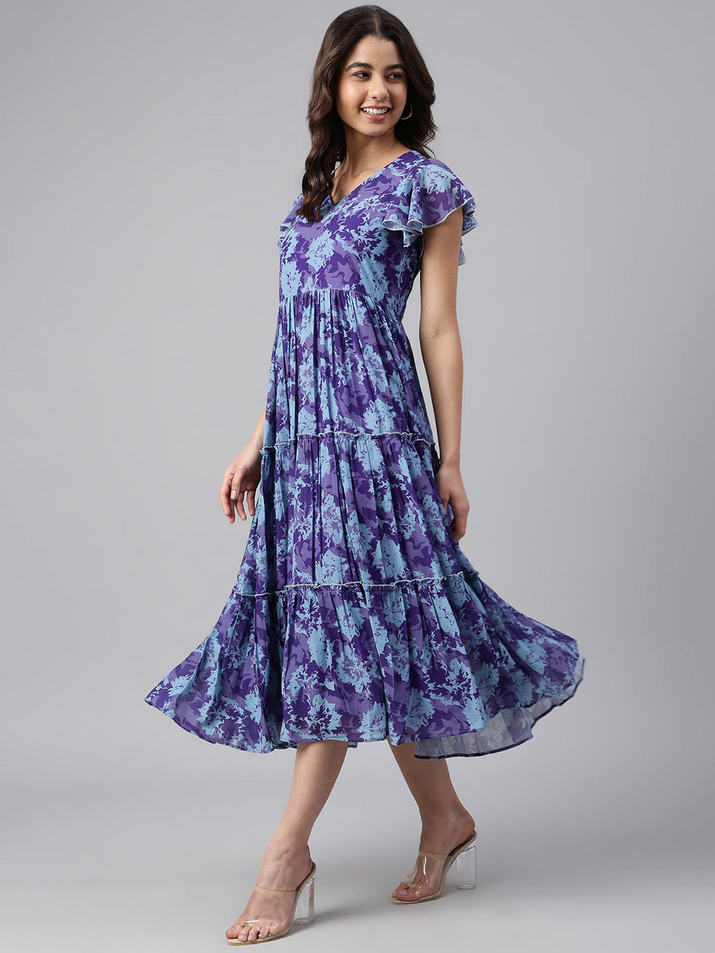 Janasya Women's Blue Georgette Printed Flared Western Dress | Grocsy