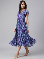 Janasya Women's Blue Georgette Printed Flared Western Dress | Grocsy