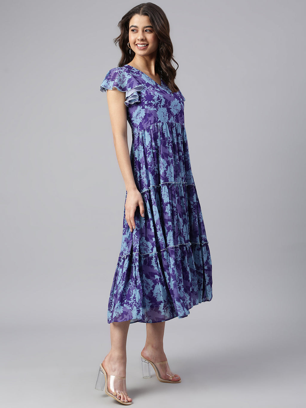 Janasya Women's Blue Georgette Printed Flared Western Dress | Grocsy