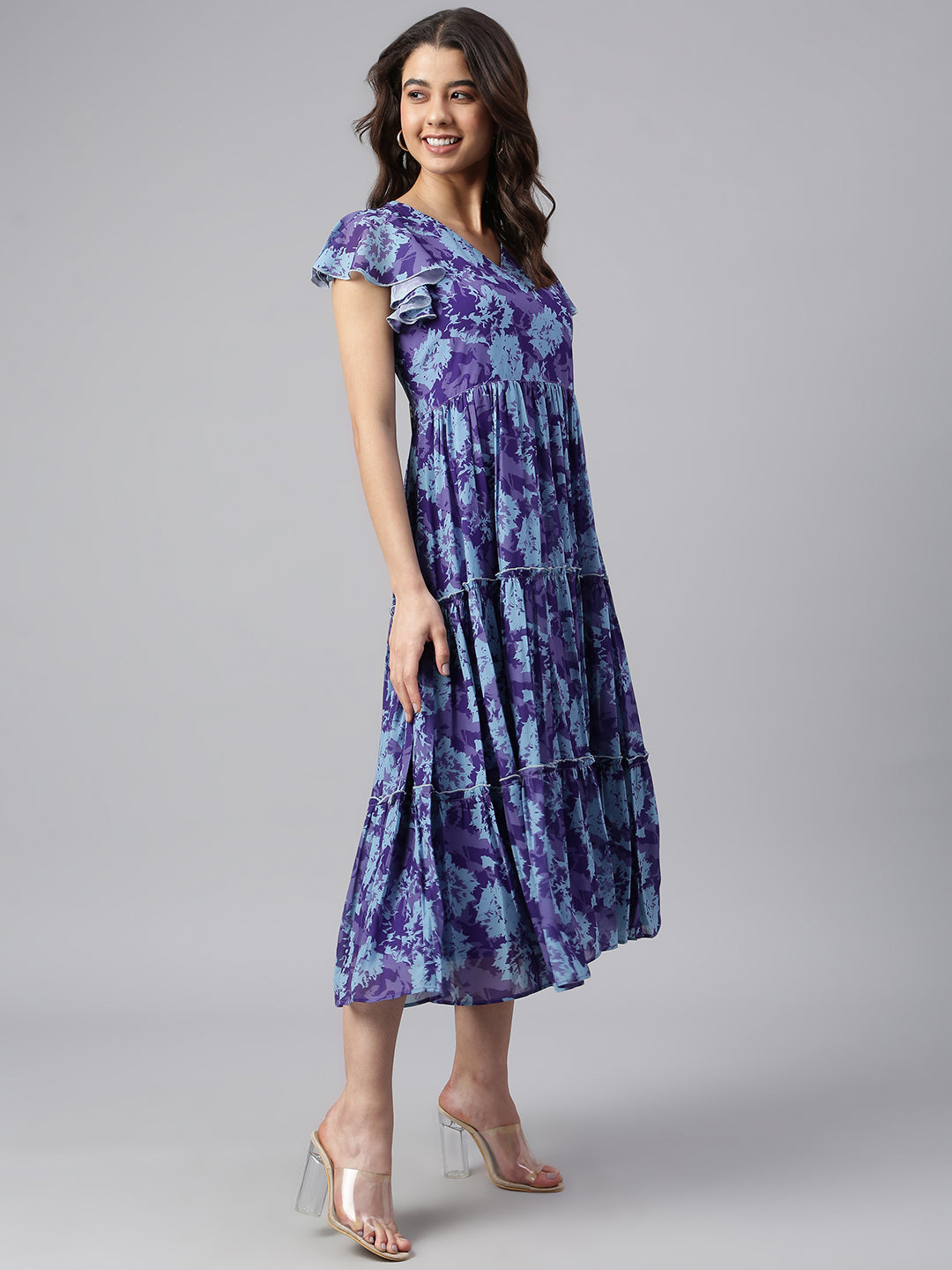 Janasya Women's Blue Georgette Printed Flared Western Dress | Grocsy