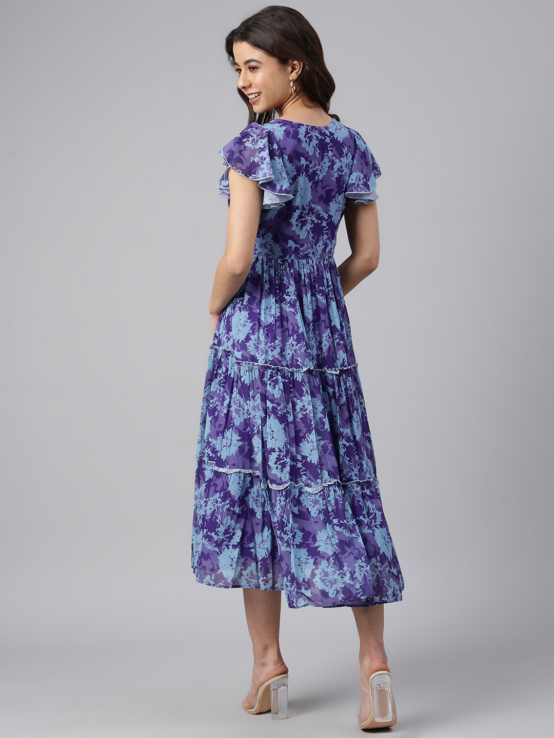 Janasya Women's Blue Georgette Printed Flared Western Dress | Grocsy