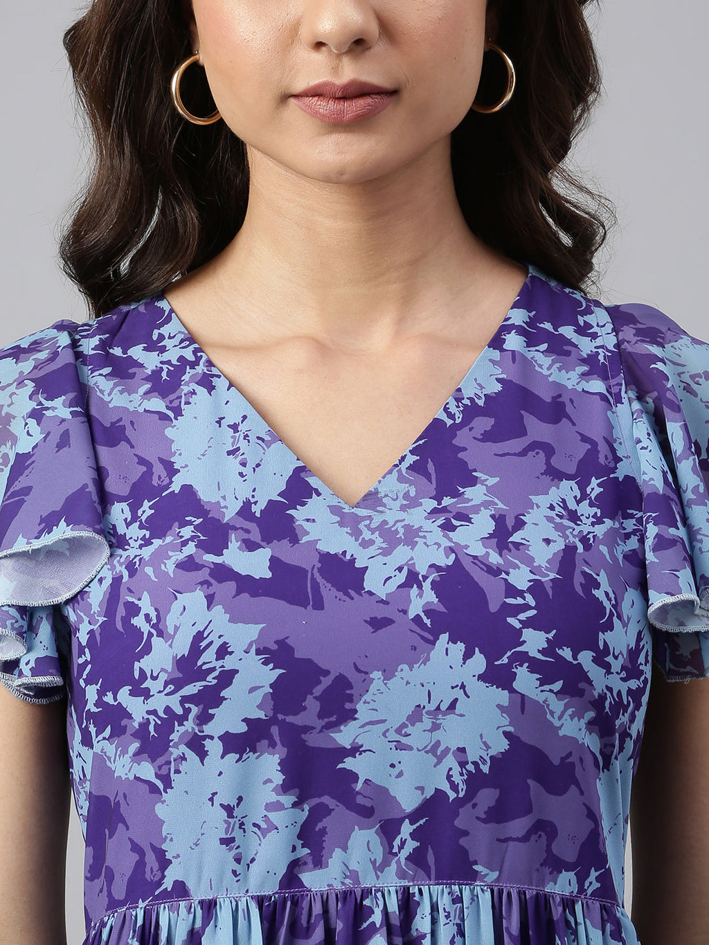 Janasya Women's Blue Georgette Printed Flared Western Dress | Grocsy
