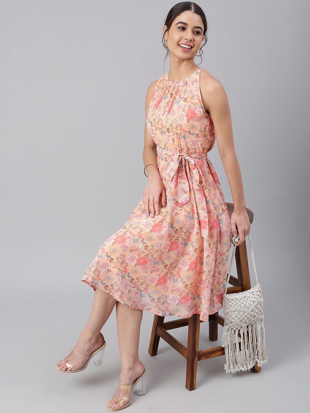 Janasya Women's Peach Georgette Floral Printed A-line Western Dress | Grocsy