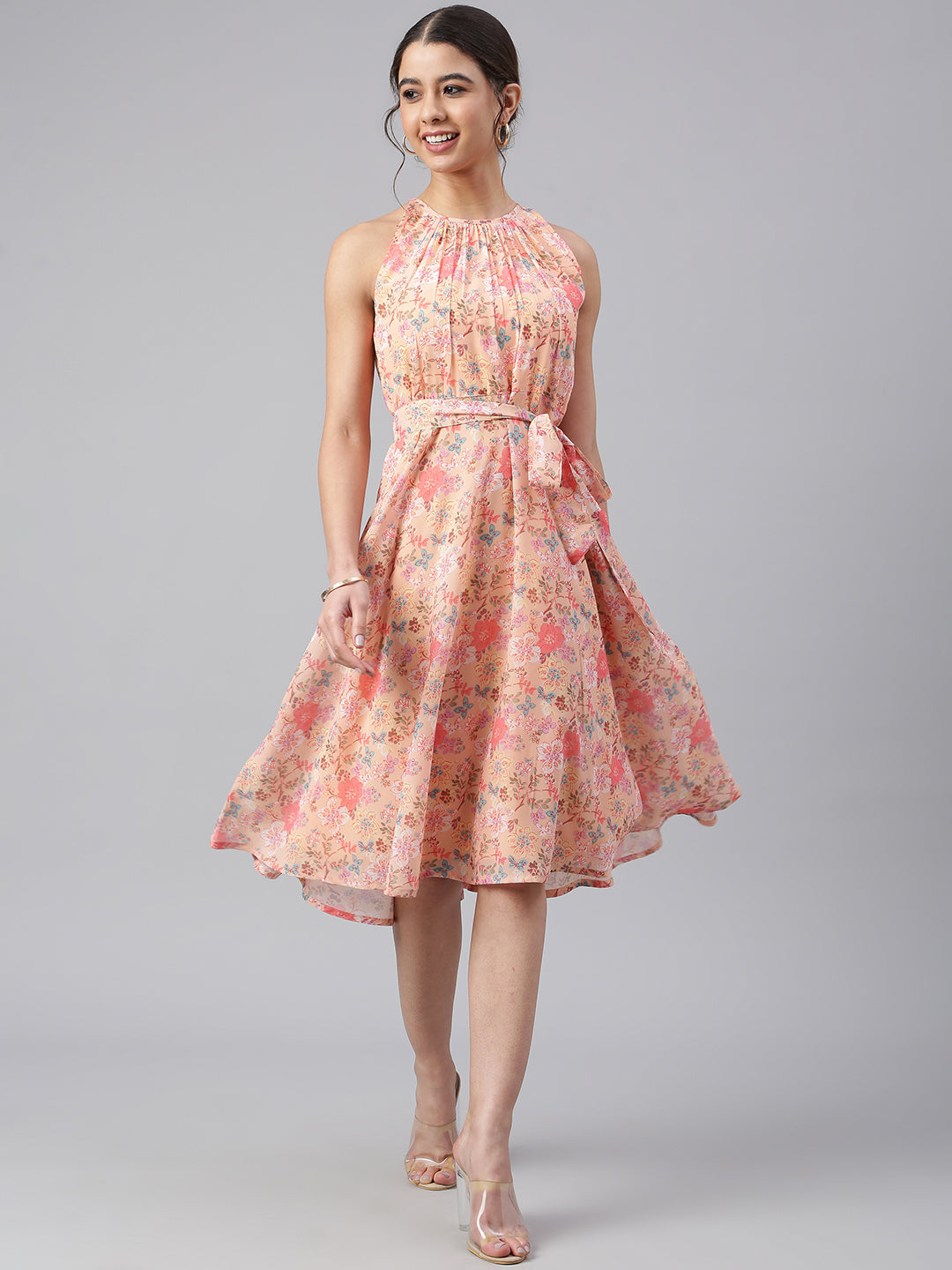 Janasya Women's Peach Georgette Floral Printed A-line Western Dress | Grocsy