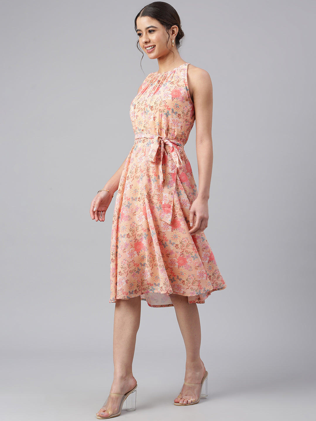 Janasya Women's Peach Georgette Floral Printed A-line Western Dress | Grocsy