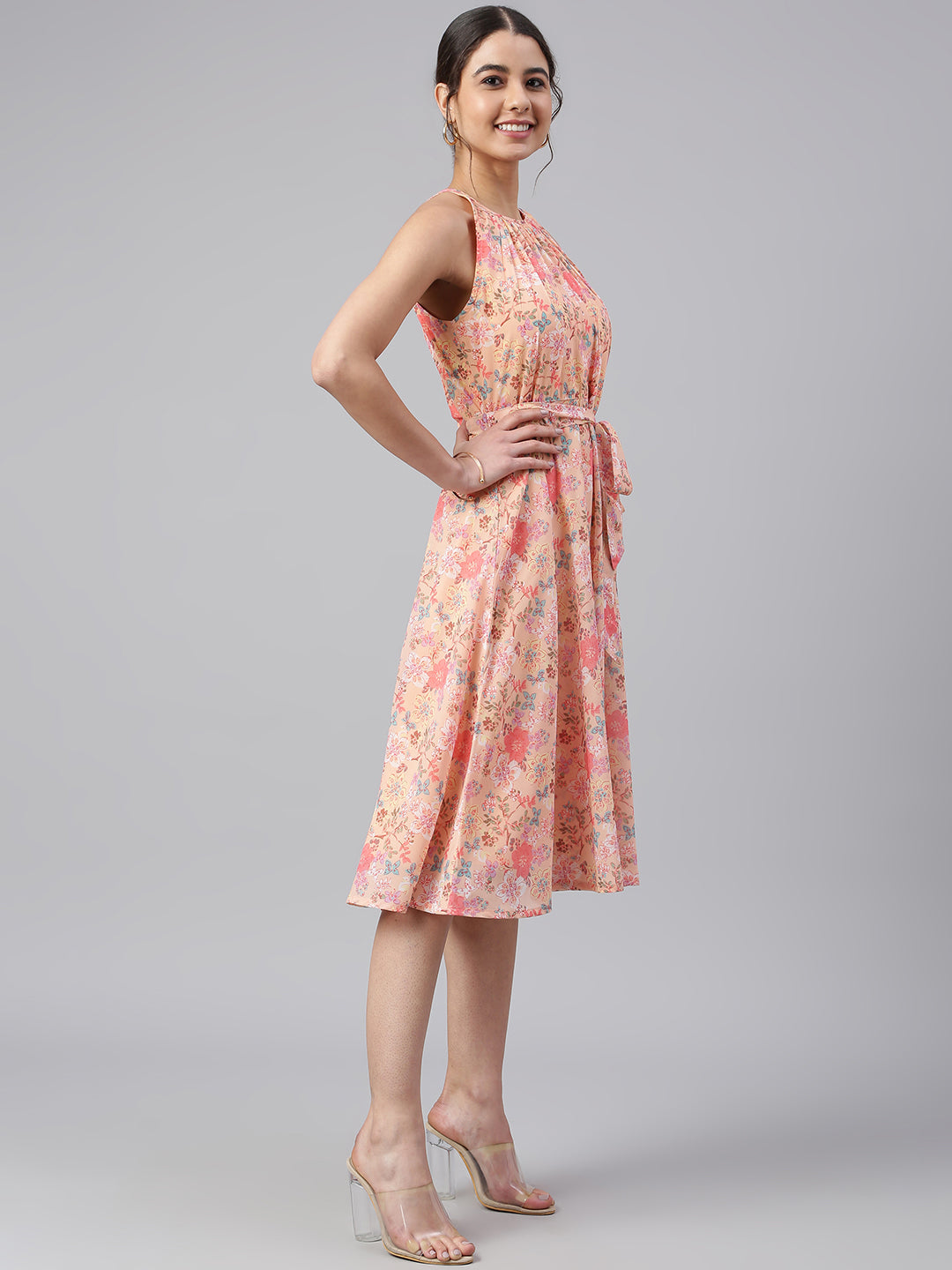 Janasya Women's Peach Georgette Floral Printed A-line Western Dress | Grocsy