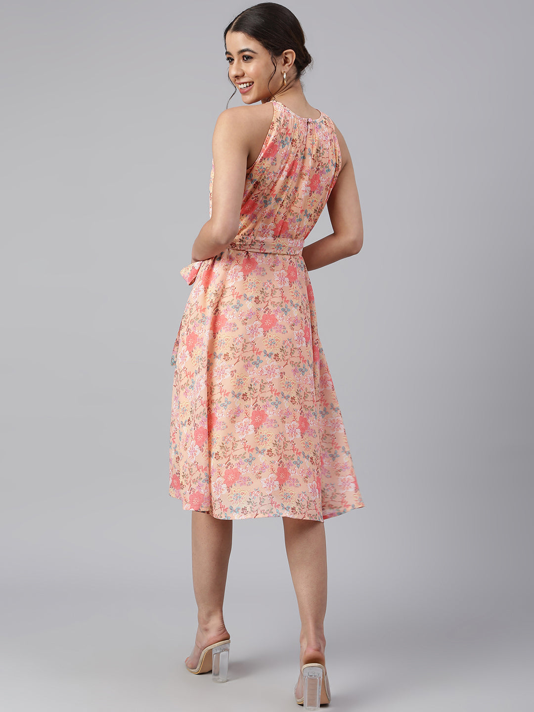 Janasya Women's Peach Georgette Floral Printed A-line Western Dress | Grocsy