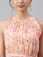 Janasya Women's Peach Georgette Floral Printed A-line Western Dress | Grocsy