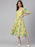 Janasya Women's Yellow Georgette Floral Printed Flared Western Dress | Grocsy