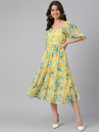 Janasya Women's Yellow Georgette Floral Printed Flared Western Dress | Grocsy