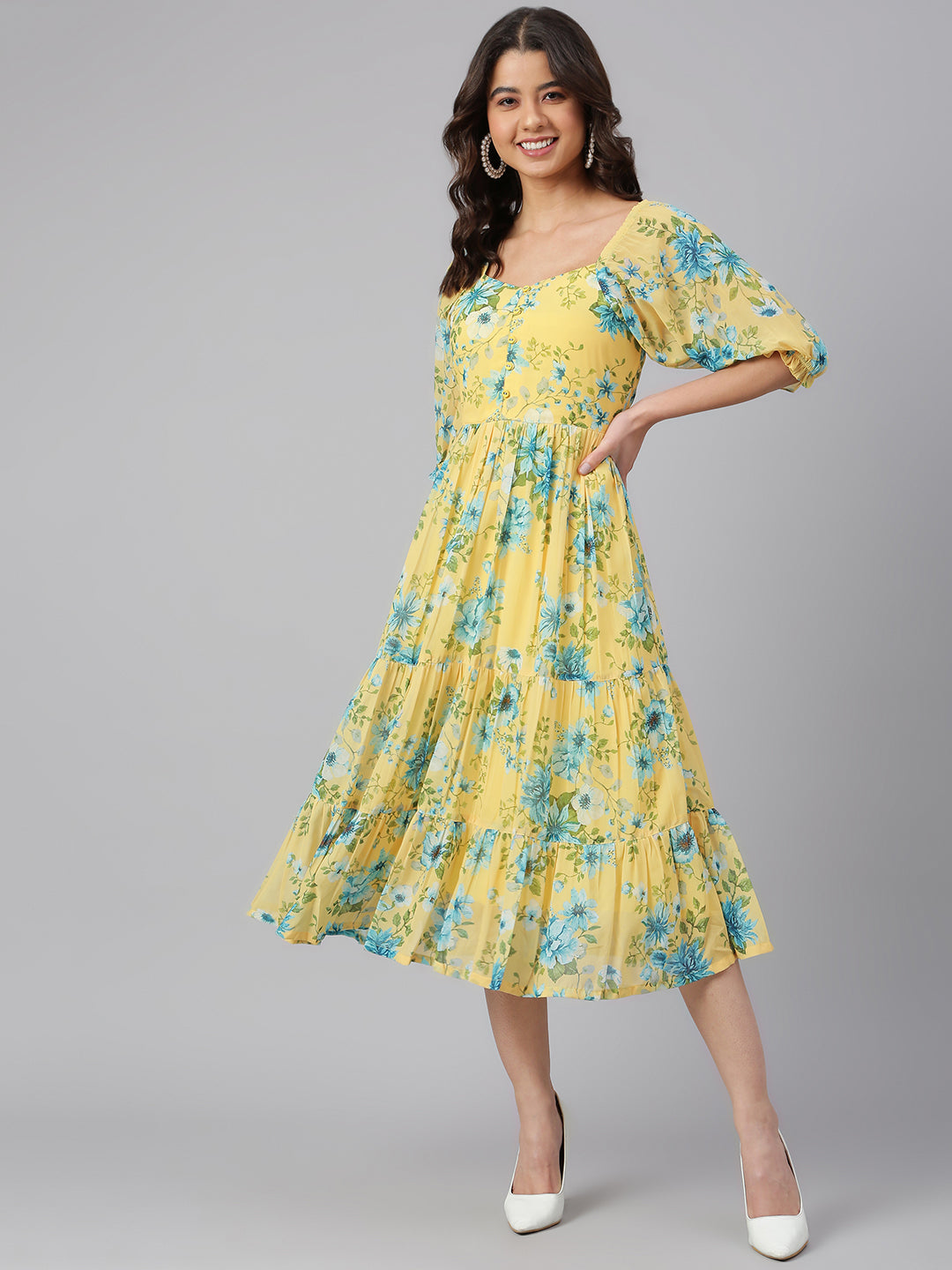 Janasya Women's Yellow Georgette Floral Printed Flared Western Dress | Grocsy