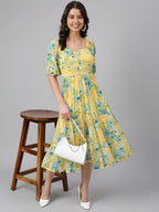 Janasya Women's Yellow Georgette Floral Printed Flared Western Dress | Grocsy