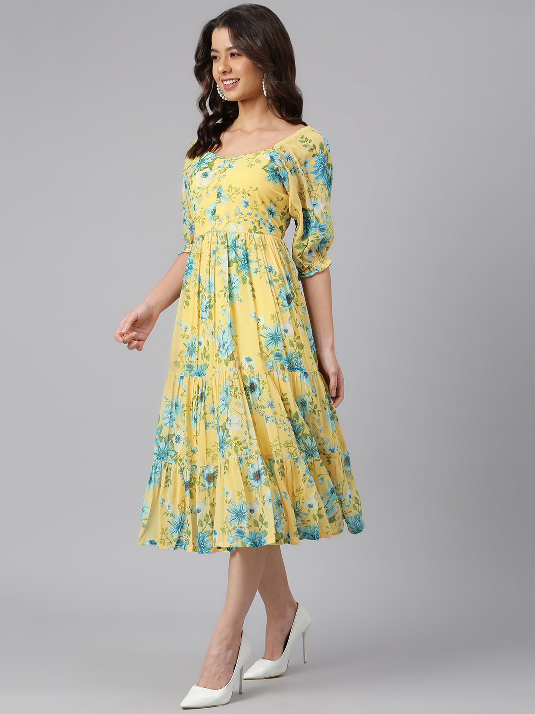 Janasya Women's Yellow Georgette Floral Printed Flared Western Dress | Grocsy