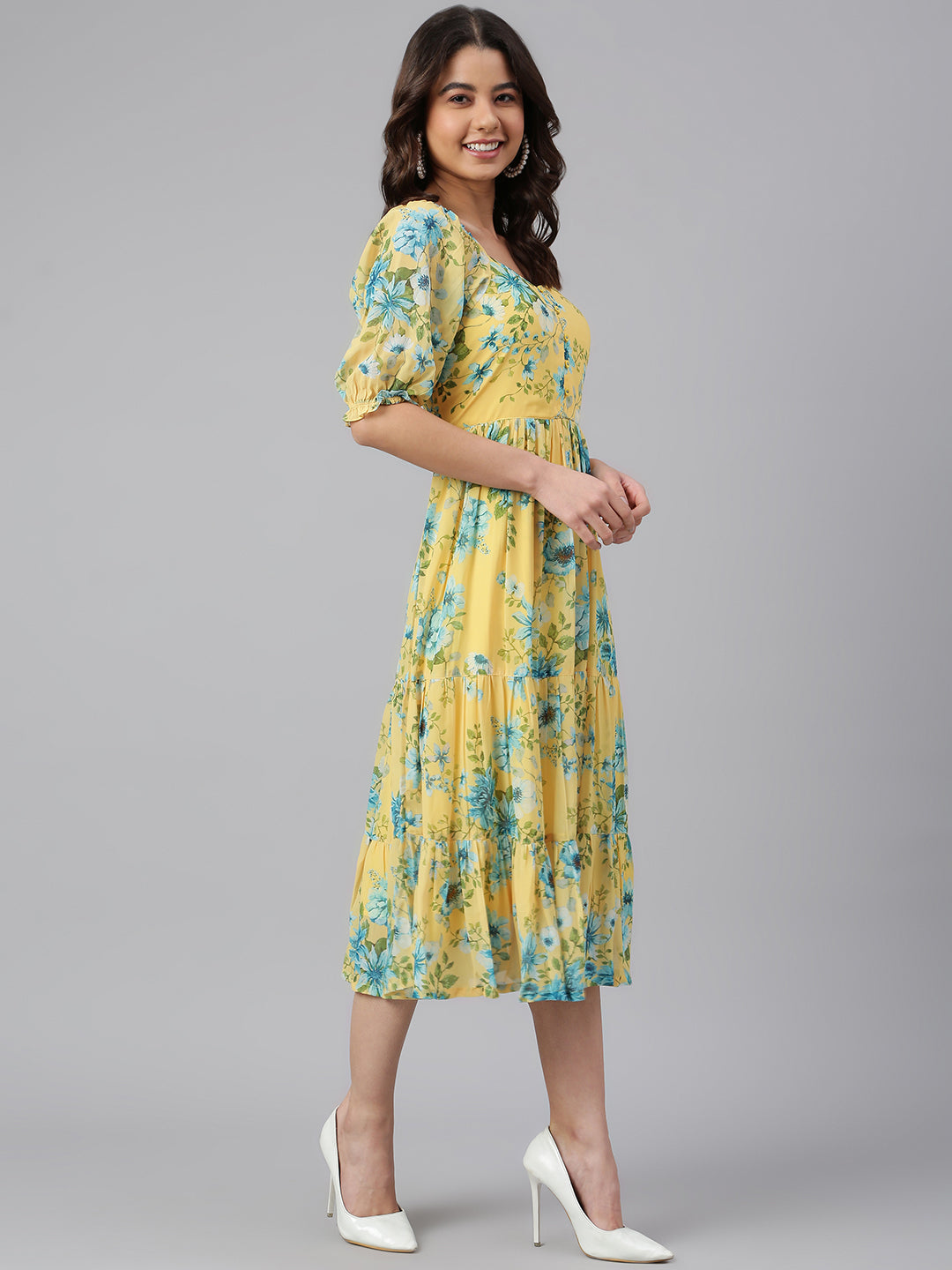 Janasya Women's Yellow Georgette Floral Printed Flared Western Dress | Grocsy