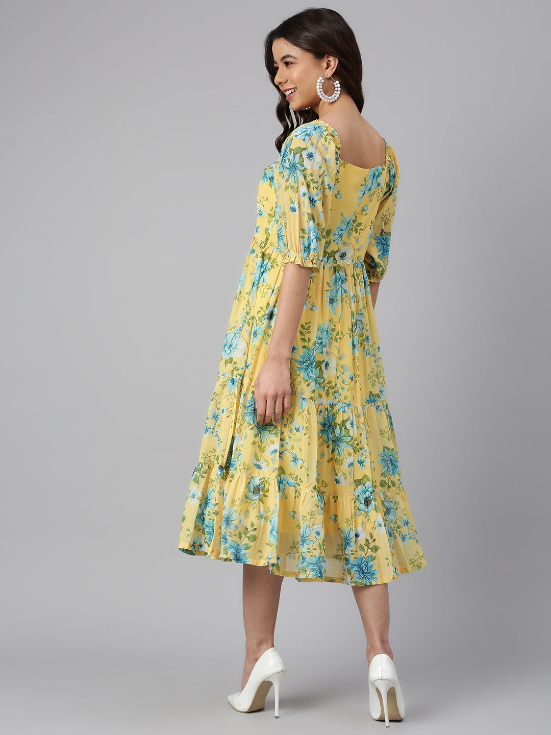 Janasya Women's Yellow Georgette Floral Printed Flared Western Dress | Grocsy