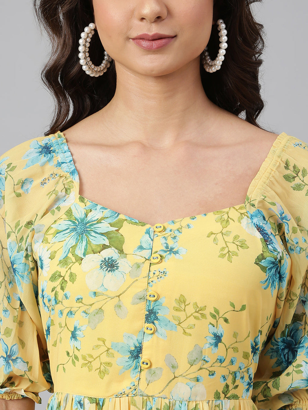 Janasya Women's Yellow Georgette Floral Printed Flared Western Dress | Grocsy