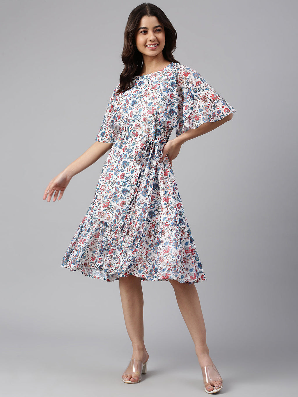 Janasya Women's White Georgette Floral Printed Flared Western Dress | Grocsy
