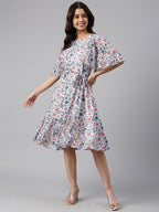Janasya Women's White Georgette Floral Printed Flared Western Dress | Grocsy