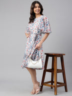 Janasya Women's White Georgette Floral Printed Flared Western Dress | Grocsy