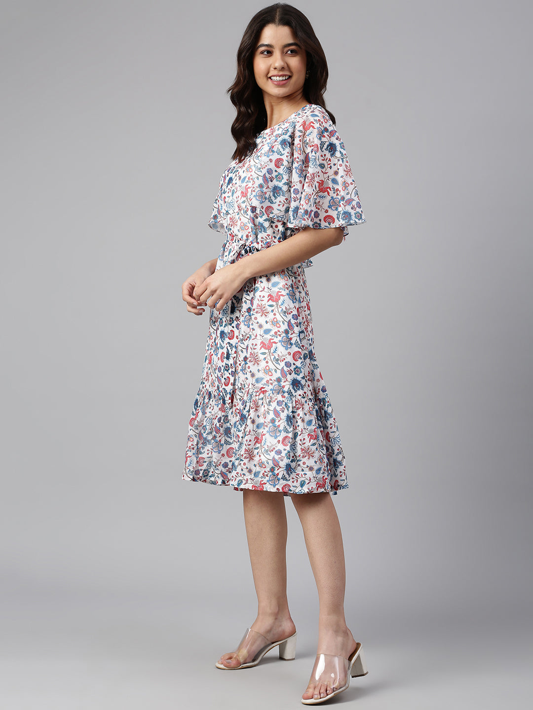 Janasya Women's White Georgette Floral Printed Flared Western Dress | Grocsy