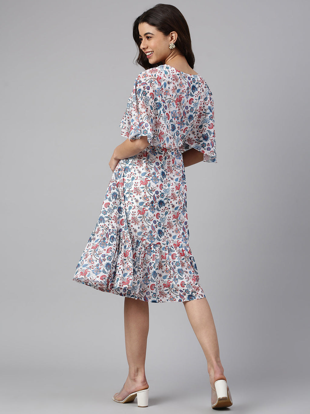 Janasya Women's White Georgette Floral Printed Flared Western Dress | Grocsy