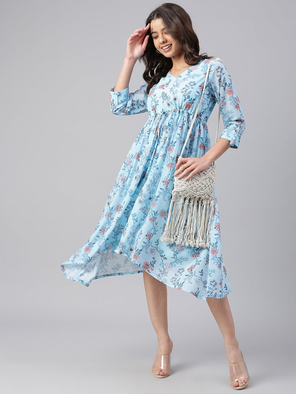 Janasya Women's Sky Blue Georgette Floral Printed Asymmetric Western Dress | Grocsy