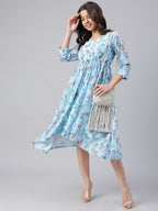 Janasya Women's Sky Blue Georgette Floral Printed Asymmetric Western Dress | Grocsy