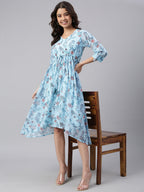 Janasya Women's Sky Blue Georgette Floral Printed Asymmetric Western Dress | Grocsy