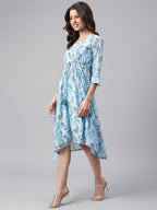 Janasya Women's Sky Blue Georgette Floral Printed Asymmetric Western Dress | Grocsy