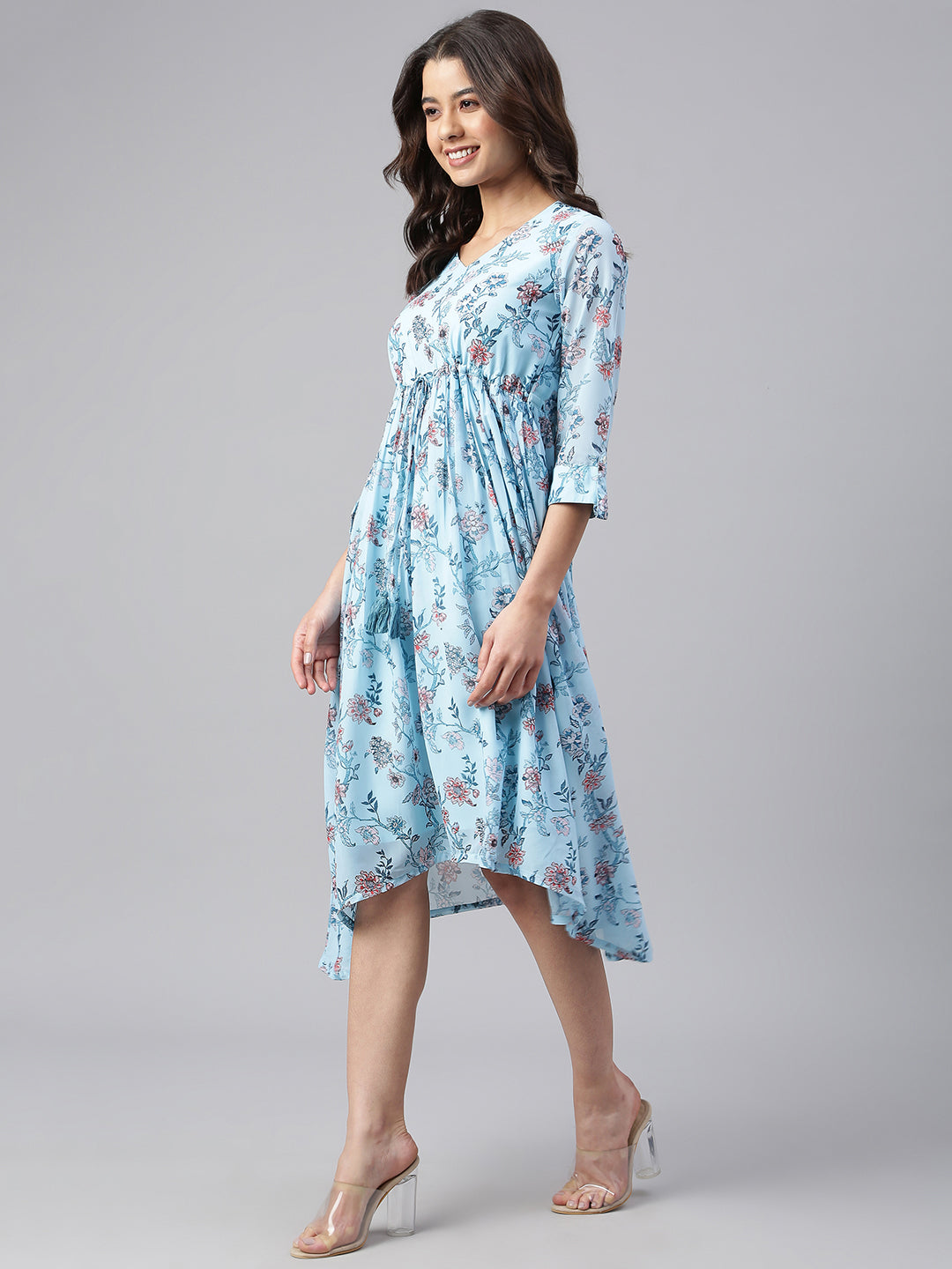 Janasya Women's Sky Blue Georgette Floral Printed Asymmetric Western Dress | Grocsy