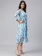 Janasya Women's Sky Blue Georgette Floral Printed Asymmetric Western Dress | Grocsy