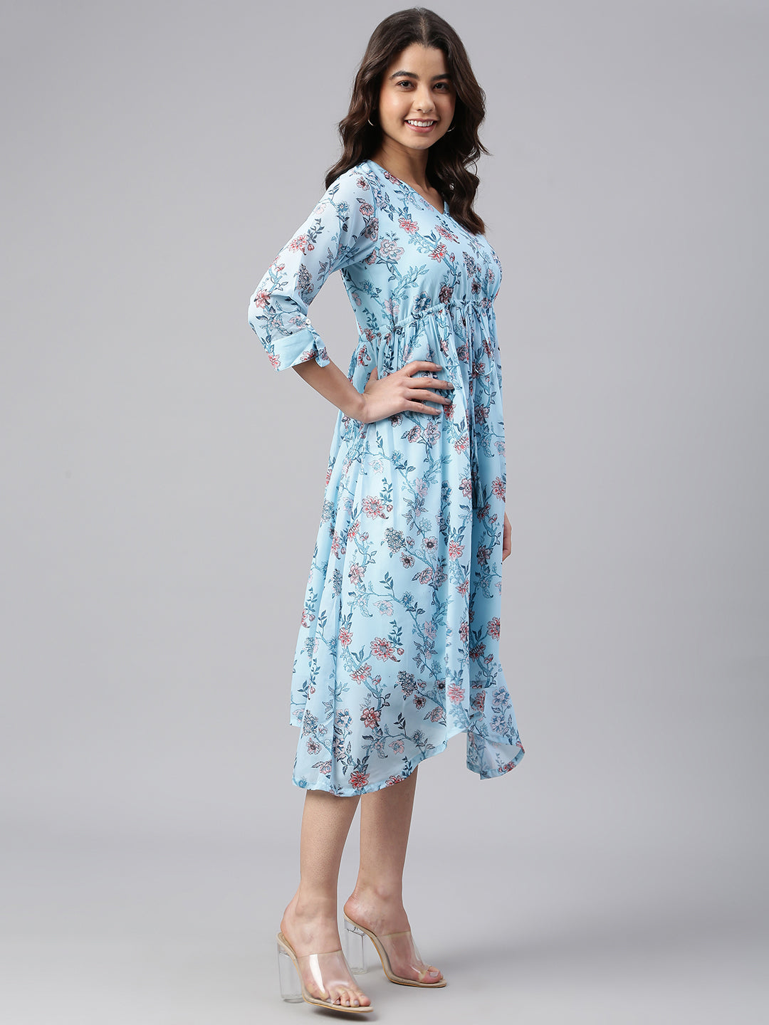 Janasya Women's Sky Blue Georgette Floral Printed Asymmetric Western Dress | Grocsy