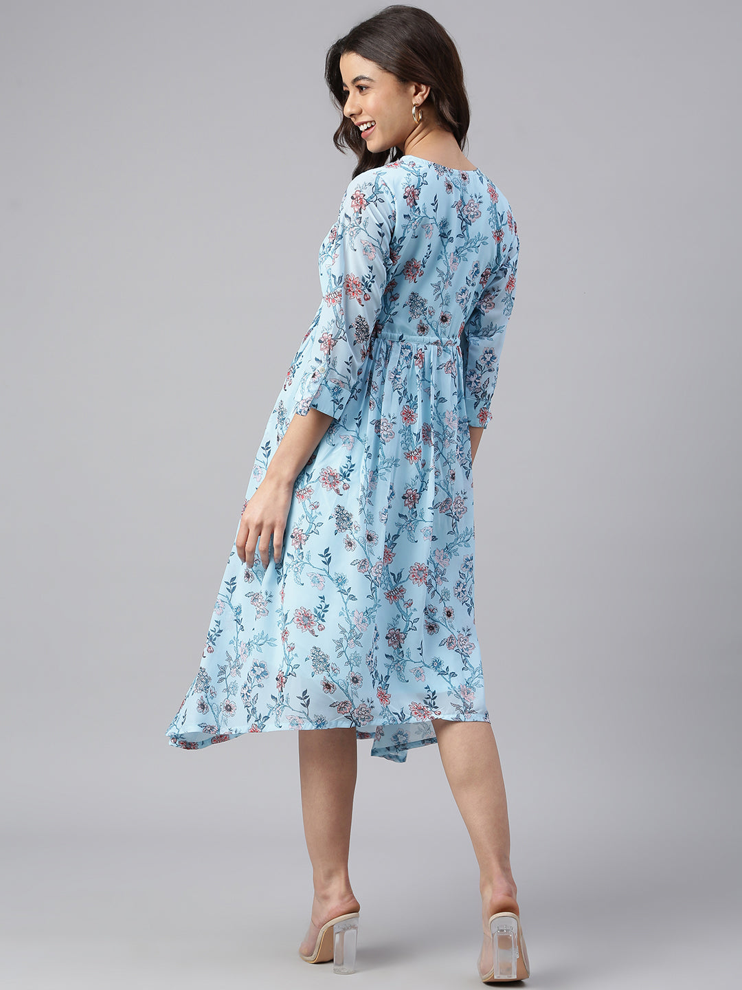 Janasya Women's Sky Blue Georgette Floral Printed Asymmetric Western Dress | Grocsy