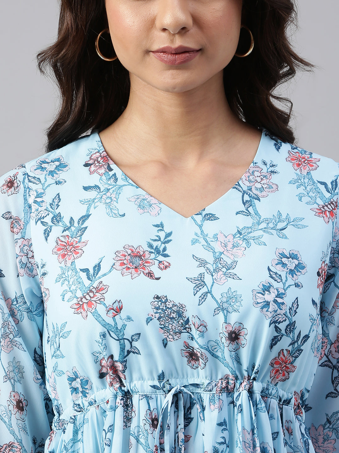 Janasya Women's Sky Blue Georgette Floral Printed Asymmetric Western Dress | Grocsy