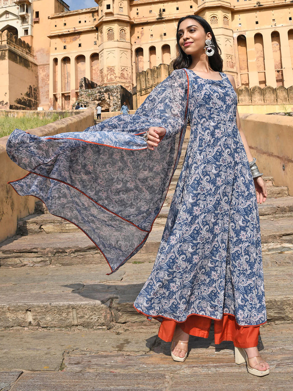 Janasya Women's Blue Georgette Floral Print Kurta With Flared Palazzo And Dupatta | Grocsy