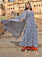 Janasya Women's Blue Georgette Floral Print Kurta With Flared Palazzo And Dupatta | Grocsy