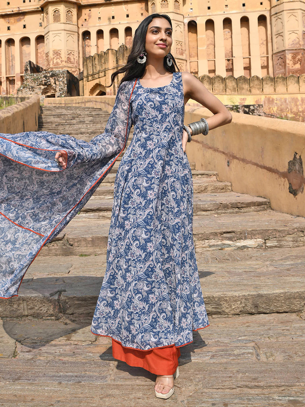 Janasya Women's Blue Georgette Floral Print Kurta With Flared Palazzo And Dupatta | Grocsy