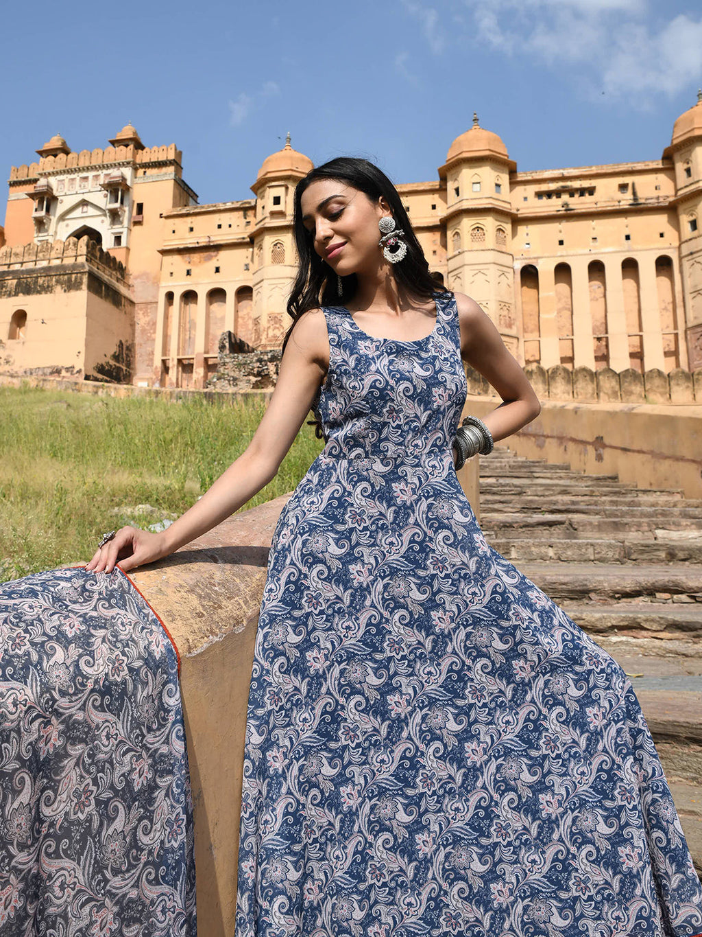 Janasya Women's Blue Georgette Floral Print Kurta With Flared Palazzo And Dupatta | Grocsy