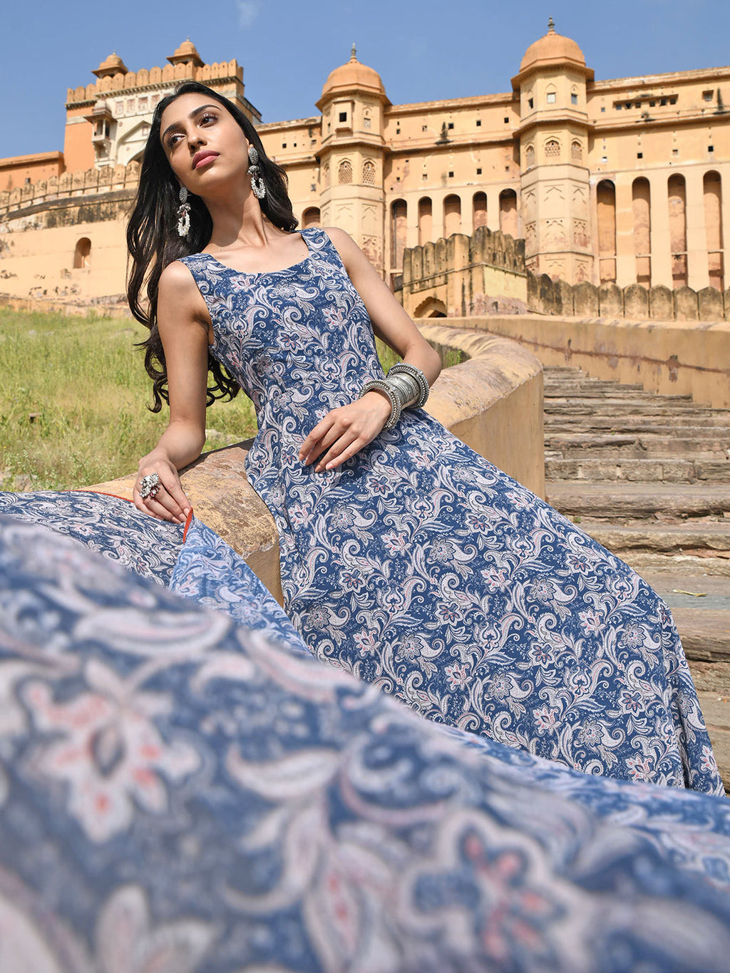 Janasya Women's Blue Georgette Floral Print Kurta With Flared Palazzo And Dupatta | Grocsy