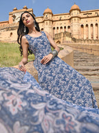 Janasya Women's Blue Georgette Floral Print Kurta With Flared Palazzo And Dupatta | Grocsy