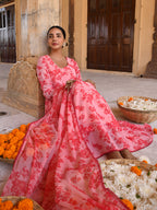 Janasya Women's Peach Georgette Floral Print Kurta With Flared Palazzo And Dupatta | Grocsy