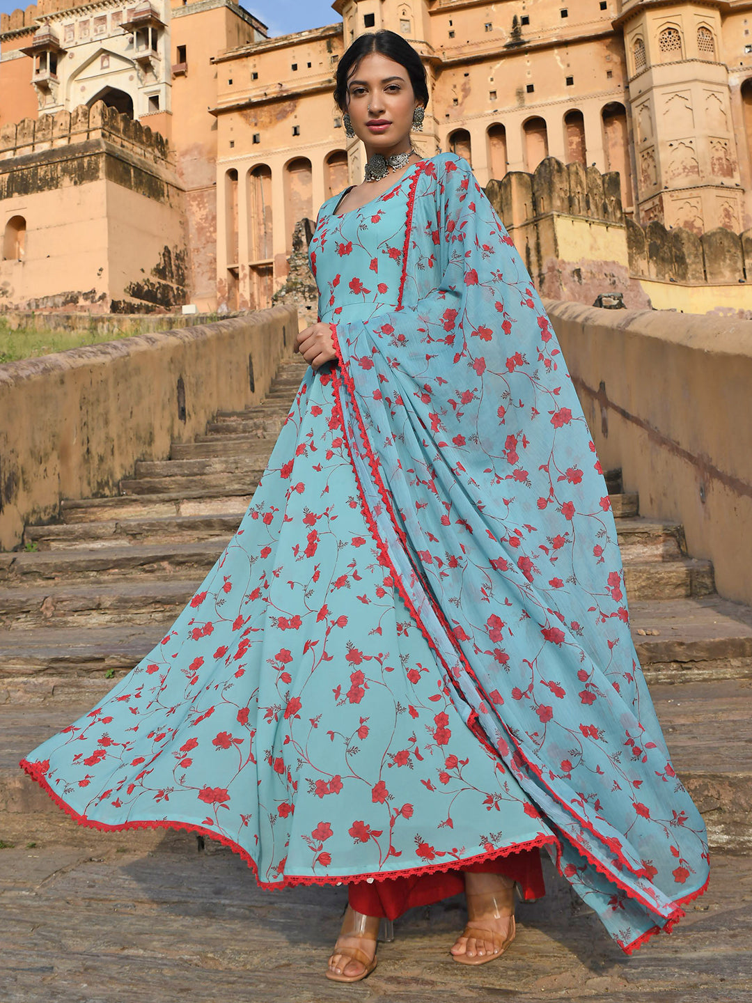 Janasya Women's Sea Green Georgette Floral Print Kurta With Flared Palazzo And Dupatta | Grocsy