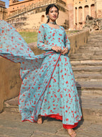 Janasya Women's Sea Green Georgette Floral Print Kurta With Flared Palazzo And Dupatta | Grocsy