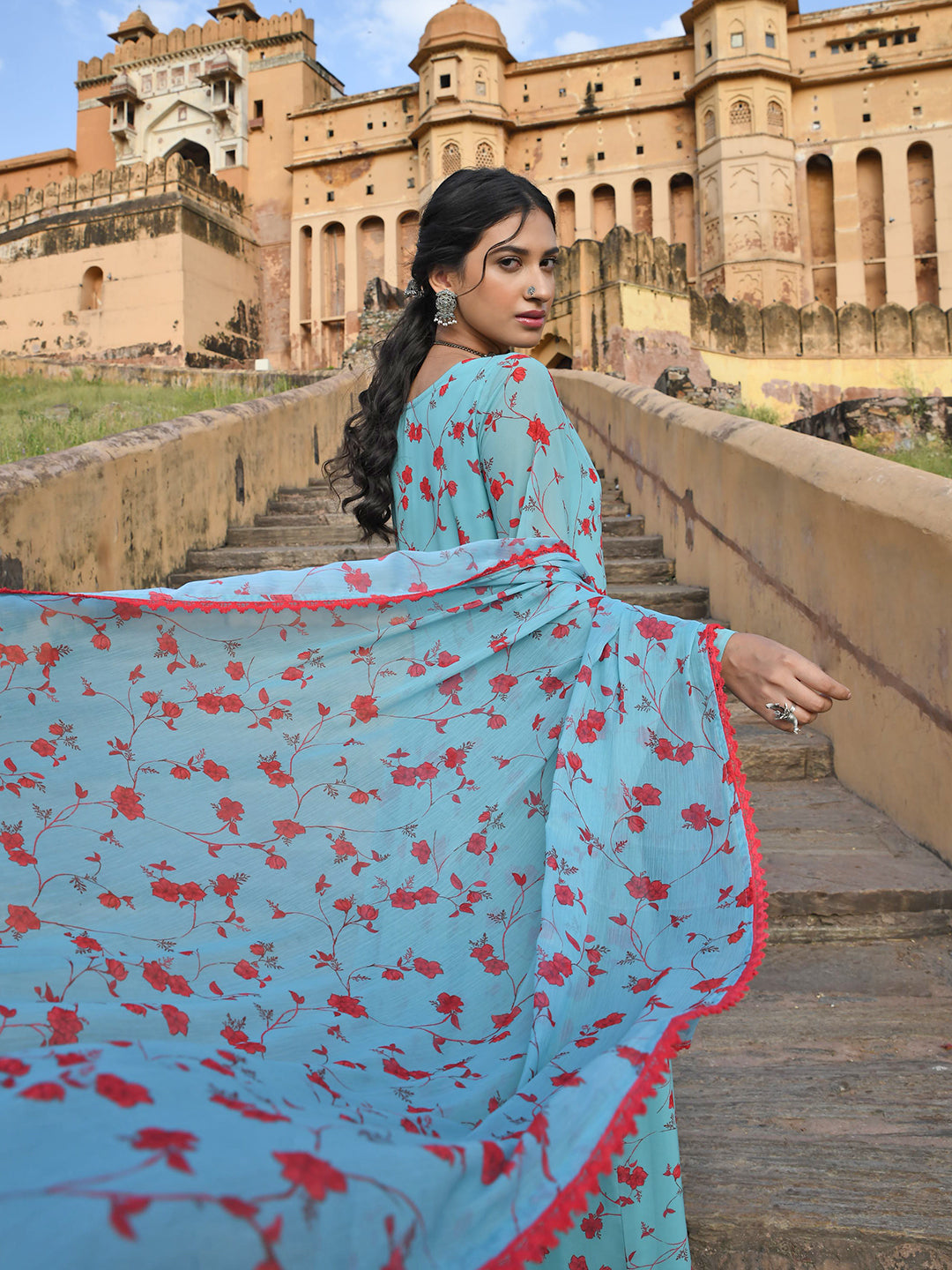 Janasya Women's Sea Green Georgette Floral Print Kurta With Flared Palazzo And Dupatta | Grocsy