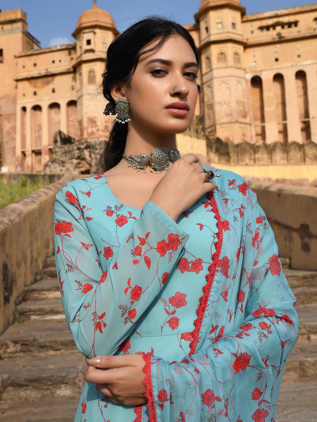 Janasya Women's Sea Green Georgette Floral Print Kurta With Flared Palazzo And Dupatta | Grocsy