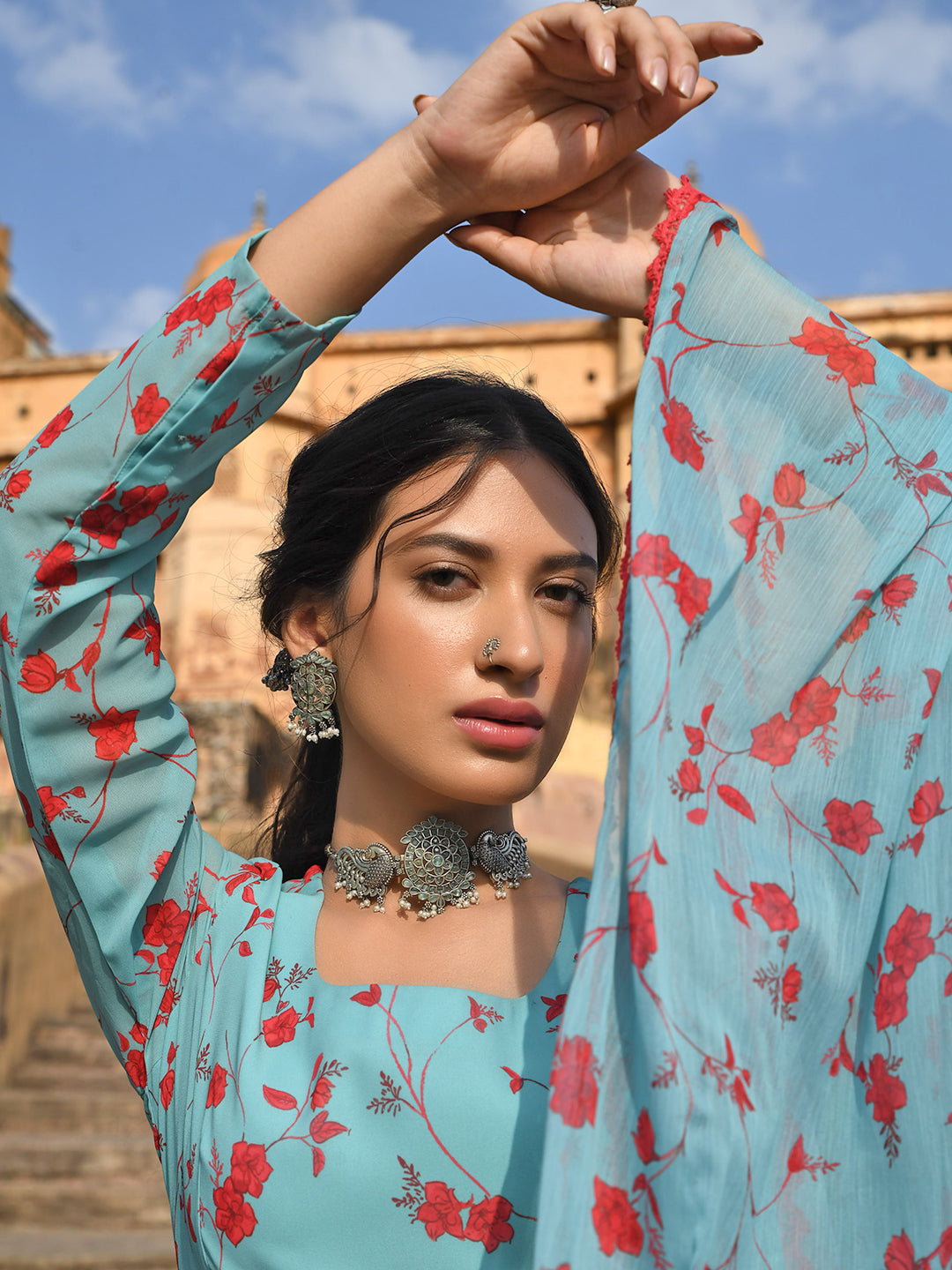 Janasya Women's Sea Green Georgette Floral Print Kurta With Flared Palazzo And Dupatta | Grocsy