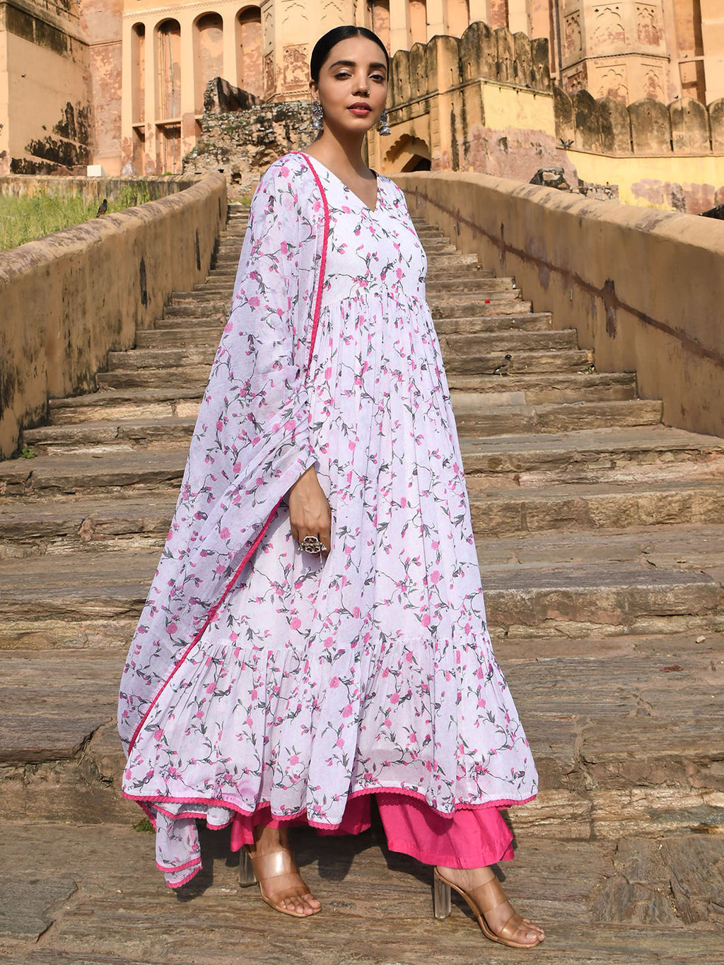 Janasya Women's White Georgette Floral Print Kurta With Flared Palazzo And Dupatta | Grocsy