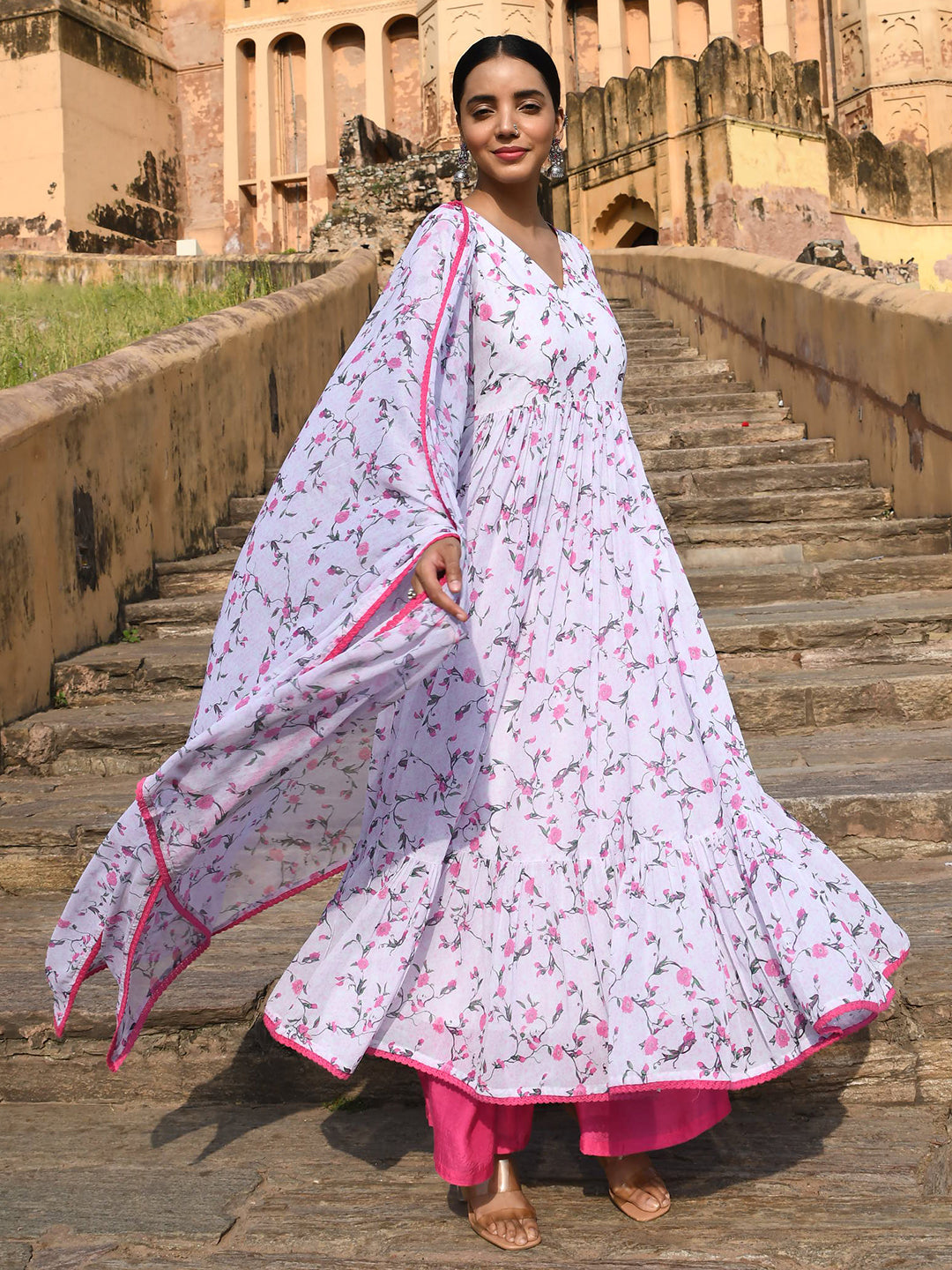 Janasya Women's White Georgette Floral Print Kurta With Flared Palazzo And Dupatta | Grocsy
